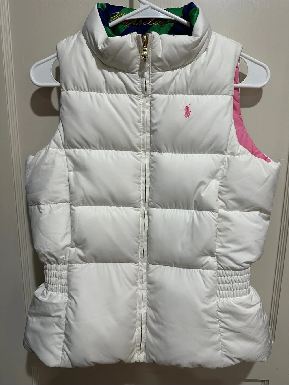 Ralph Lauren Pink Puffer Vest with Green & Navy Trim